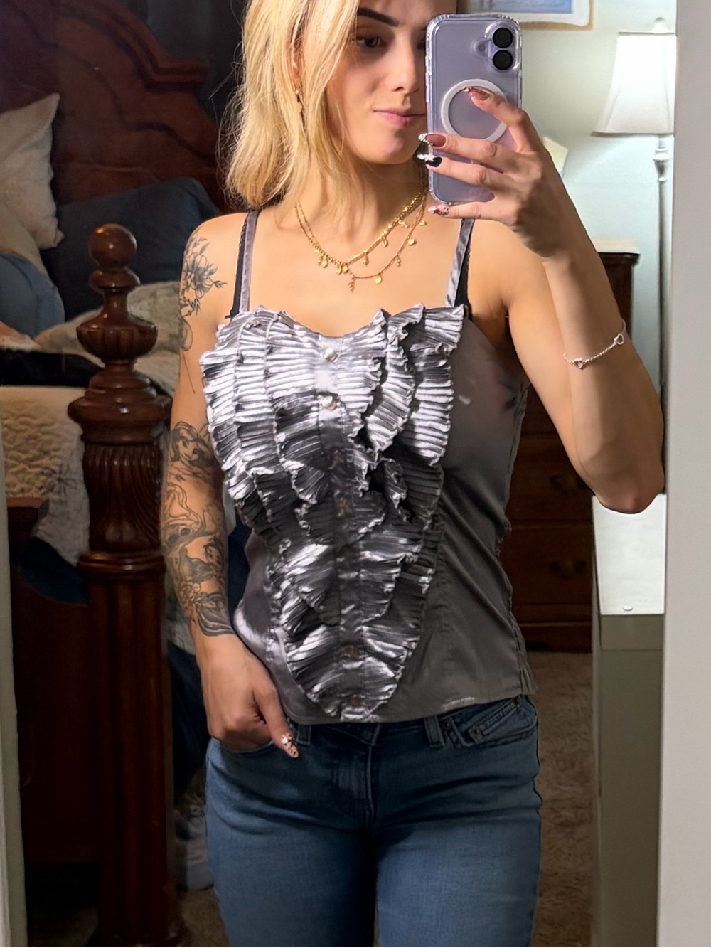 Body Central Y2K Vintage Silver Ruffle Satin Cami